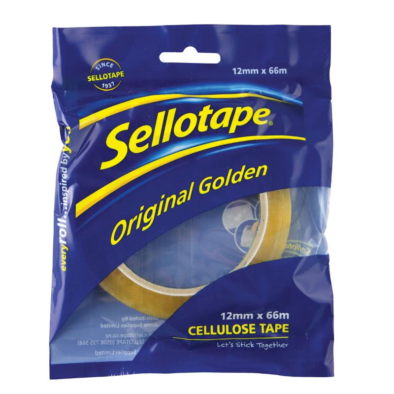 Sellotape 1105 cellulose tape, 12mm x 66m, easy-tear, tangle-free, biodegradable, ideal for packaging and crafts.