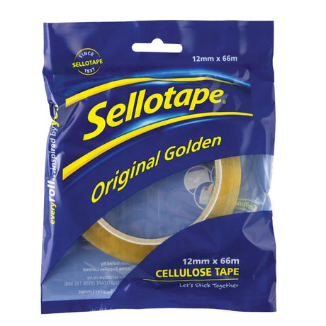 Sellotape 1105 cellulose tape, 12mm x 66m, easy-tear, tangle-free, biodegradable, ideal for packaging and crafts.