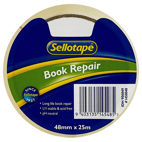 Clear, acid-free book repair tape, 48mm wide and 25m long, ideal for preserving and mending books and documents.