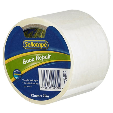 Sellotape 1450 Book Repair Tape, 72mm x 25m, acid-free, UV stable, perfect for mending books and preserving materials.