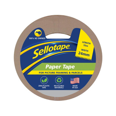 Sellotape 6270 FlatBack Paper Tape in tan, 24mm x 55m, perfect for crafting, parcel sealing, and labeling with strong adhesion.