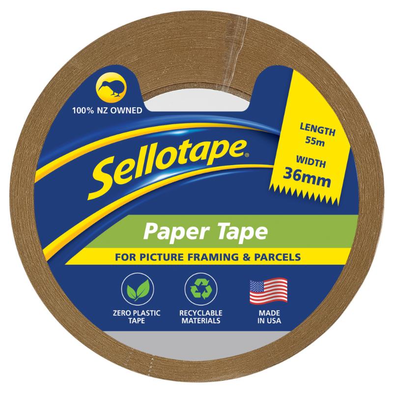 Tan flatback paper tape, 36mm x 55m, ideal for crafting, parcel sealing, and easily writable for labeling.