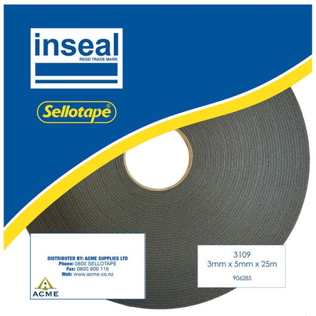 Inseal 3109 PKD sealing strip, 3mm thick and 5mm wide, 25m long, ideal for insulation and dust protection in various applications.