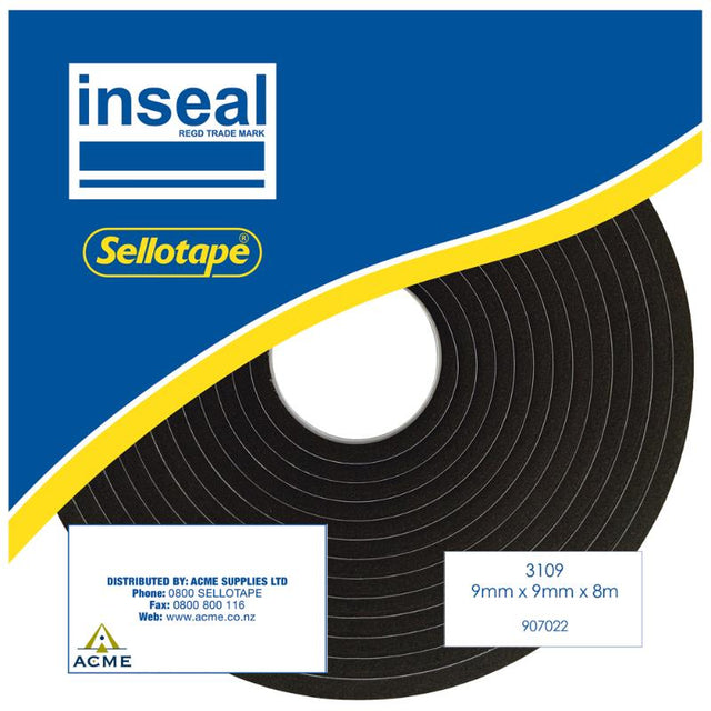 Inseal 3109 PKD sealing strip, 9mm thick x 9mm wide, 8m roll for durable insulation and energy efficiency in homes.