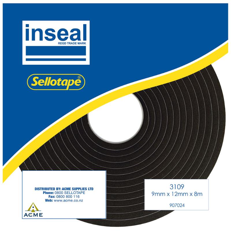 Inseal 3109 PKD sealing tape, 9mm thick, 12mm wide, 8m long; durable, flexible, ideal for gaps, insulation, and moisture barriers.