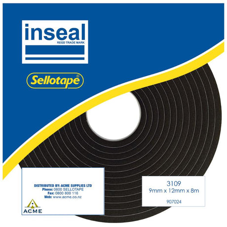 Inseal 3109 PKD sealing tape, 9mm thick, 12mm wide, 8m long; durable, flexible, ideal for gaps, insulation, and moisture barriers.