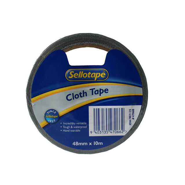 Sellotape 4706 black cloth tape, 48mm x 10m, tough, waterproof, hand tearable; ideal for repairs and creative projects.