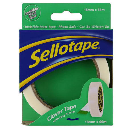 Invisible Sellotape Clever Tape 18mm x 66m, ideal for seamless sticking, crafting, and repairs with easy tear design.