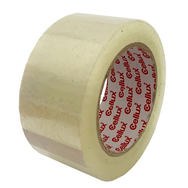 Cellux 0767 clear packaging tape, 48mm x 100m, ideal for securing light to medium parcels with strong acrylic adhesive.