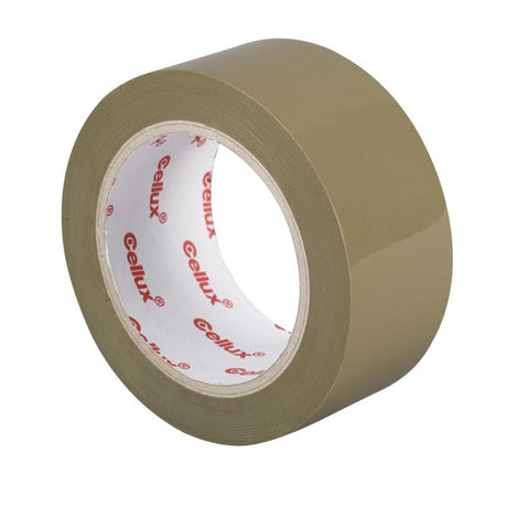 Brown polypropylene packaging tape, 48mm wide x 100m long, strong adhesive for sealing light to medium parcels.