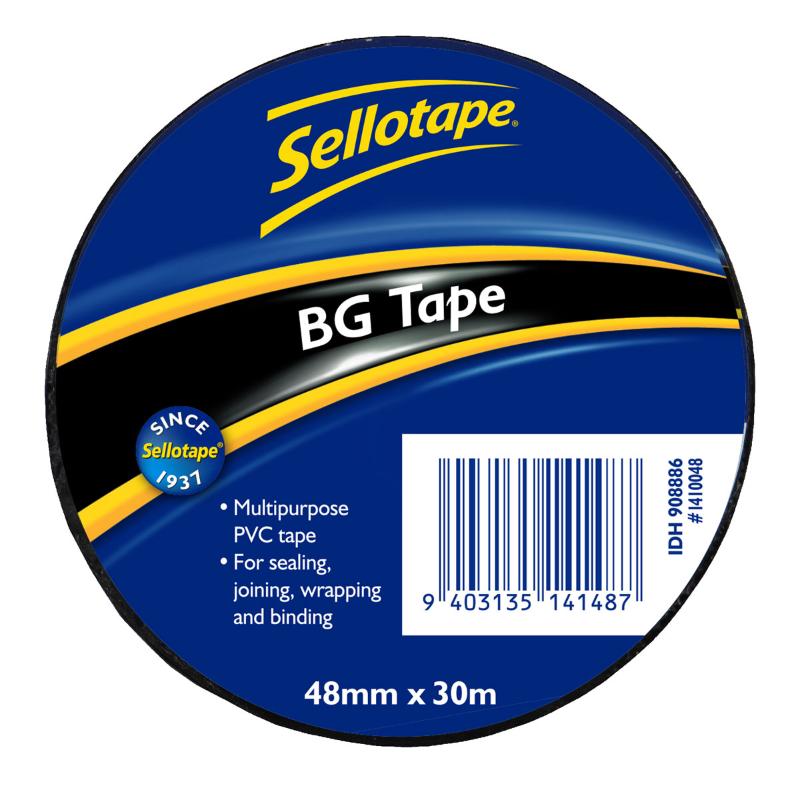 Sellotape 1410 BG Black Tape, 48mm x 30m, strong PVC adhesive for sealing, wrapping, and organizing projects efficiently.