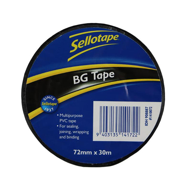 Sellotape 1410 BG black tape, 72mm x 30m, strong PVC for versatile sealing, wrapping, and binding in crafts and DIY projects.