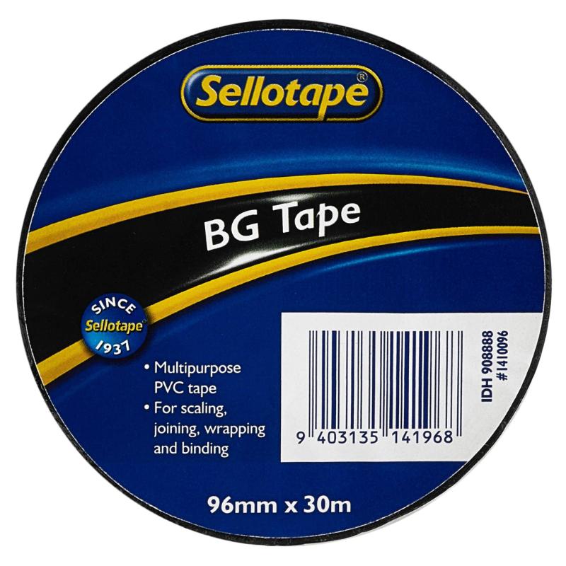 Sellotape 1410 BG Tape in black, 96mm x 30m, durable PVC for strong sealing and binding in DIY and packaging projects.