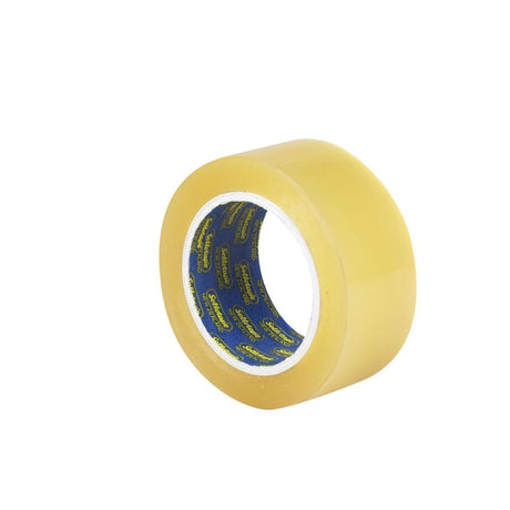 Clear Sellotape roll, 48mm x 100m, extra strong for heavy boxes, ideal for packing and crafting, made from durable polypropylene.