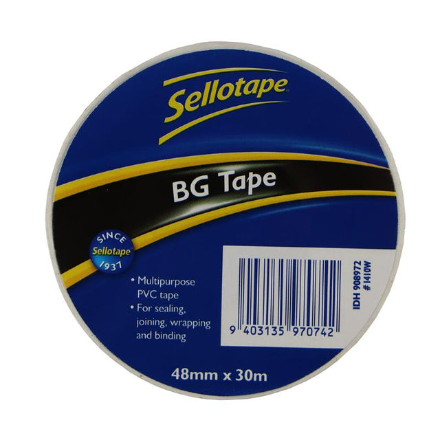 White Sellotape 1410W BG Tape, 48mm x 30m, strong PVC for sealing, joining, and crafting with aggressive adhesive.