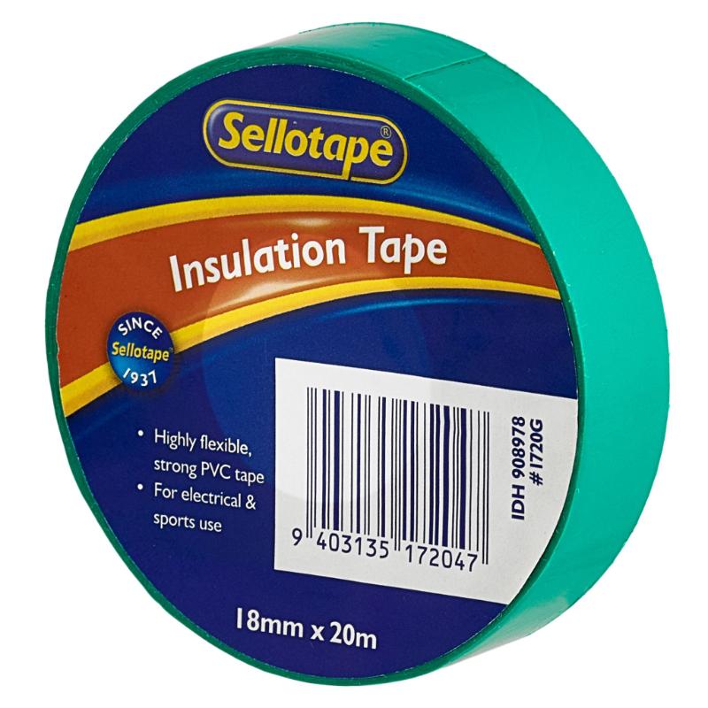 Sellotape 1720G Insulation Green Tape, 18mm x 20m, durable PVC for electrical and sports applications.