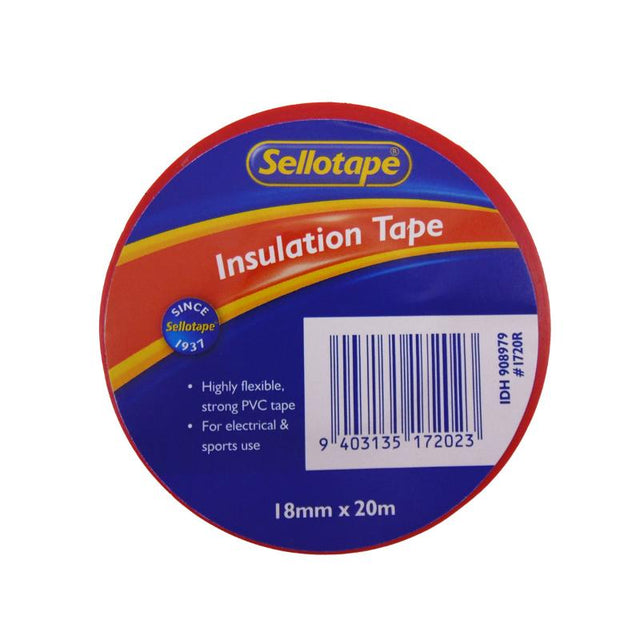 Red insulation tape by Sellotape, 18mm x 20m, strong PVC for electrical and sports projects, durable and flexible.