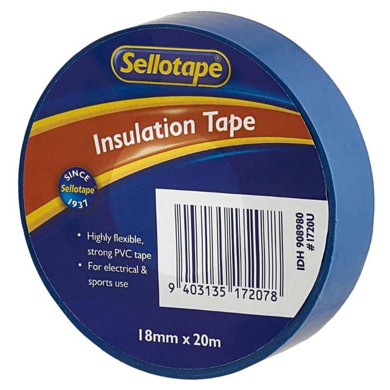 Blue Sellotape 1720U insulation tape, 18mm x 20m, flexible PVC for electrical and sports applications, moisture-resistant.