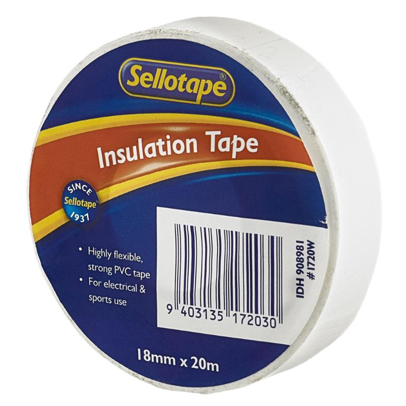 Sellotape 1720W Insulation White Tape, 18mm x 20m, strong PVC for flexible electrical and sports applications.