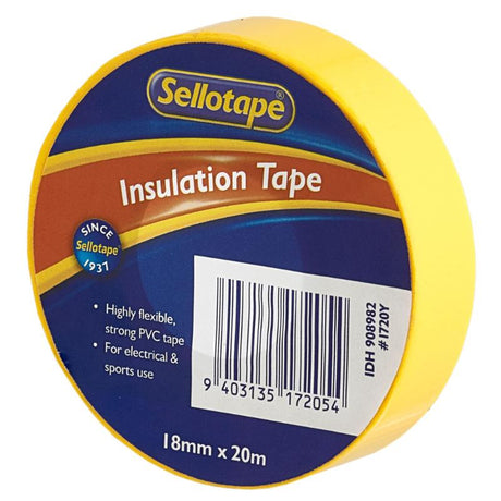 Yellow Sellotape 1720Y insulation tape, 18mm x 20m, for strong, flexible hold in electrical and sports applications.