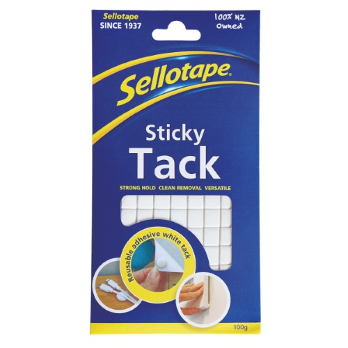 Sellotape Sticky Tack 100g, versatile white adhesive putty for crafting, decorating, and organizing without damaging surfaces.