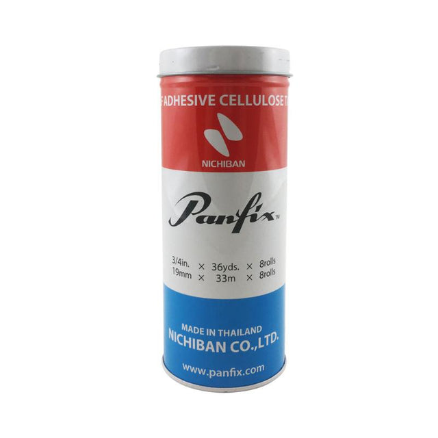 Panfix Cellulose Tape Tin with 8 eco-friendly rolls, 19mm x 33m each, strong adhesive, easy to cut by hand.