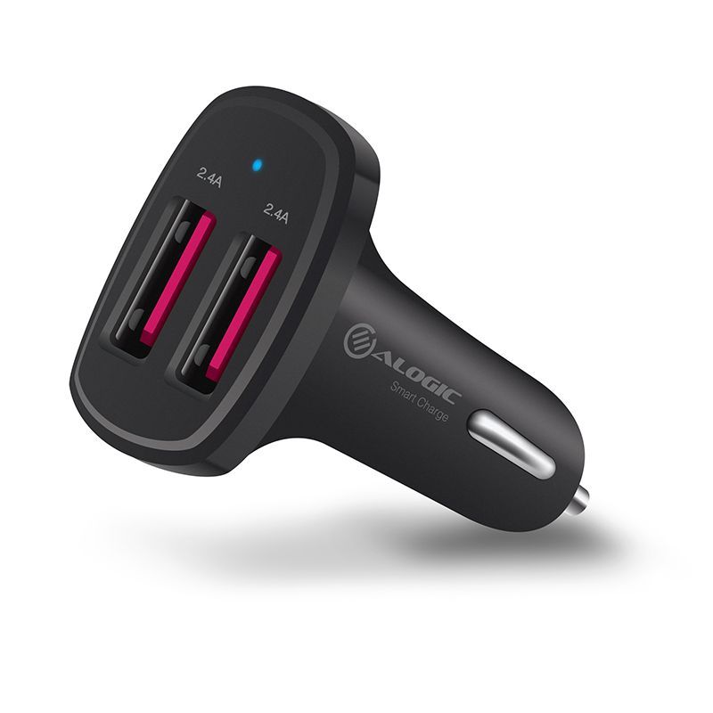 Compact Alogic 2 Port USB-A Car Charger, 5V/4.8A output for fast device charging on the go, ideal for road trips.