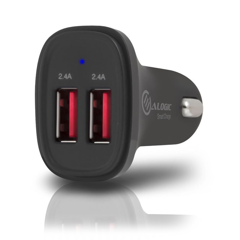 Compact Alogic 2 Port USB-A Car Charger with Smart Charge, delivering 5V/4.8A for simultaneous fast charging of devices.