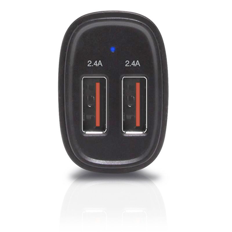 Alogic 2 Port USB-A Car Charger delivering 5V/4.8A output, designed for fast charging of two devices simultaneously.