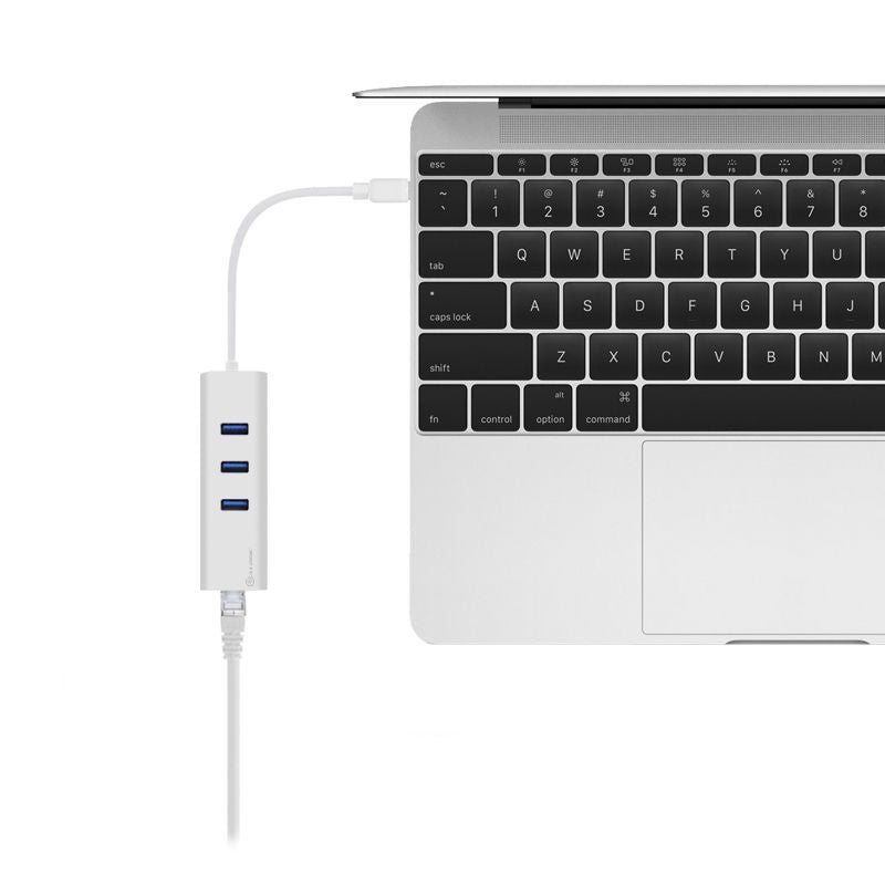 Sleek silver Alogic USB-C hub with 3 USB ports and Gigabit Ethernet for high-speed connectivity, ideal for Mac and Windows users.