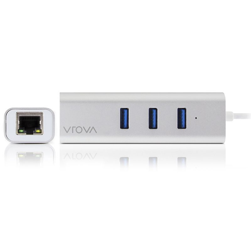 Alogic USB-C hub with Gigabit Ethernet and 3 USB ports in sleek aluminium, ideal for high-speed connectivity.