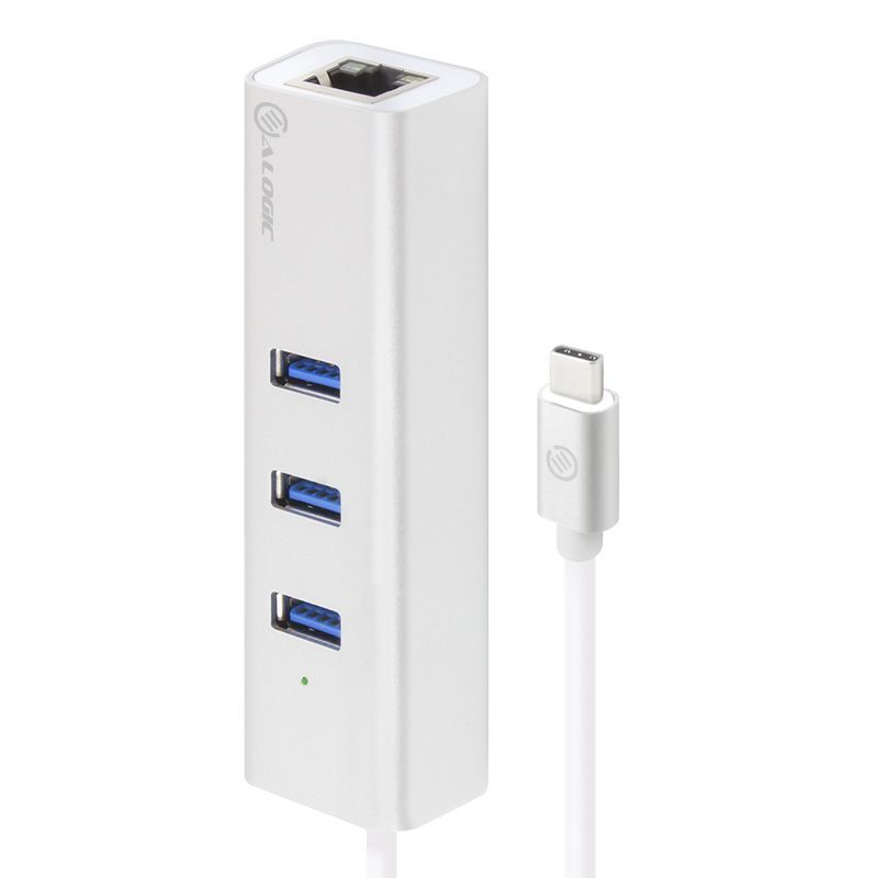 Sleek silver aluminium USB-C hub with 3 USB ports and Gigabit Ethernet for high-speed connectivity.