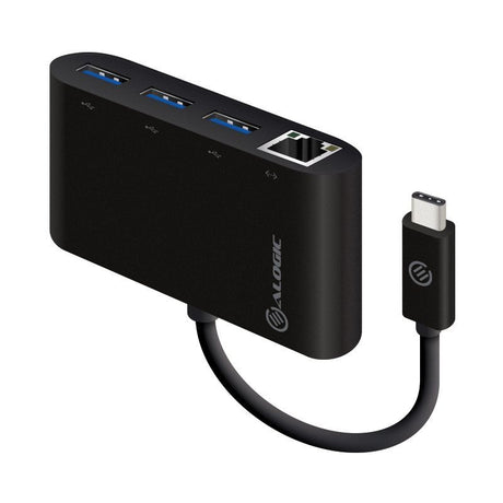 Alogic USB-C to Gigabit Ethernet hub with 3 USB 3.0 ports, sleek black design, and fast data transfer up to 5 Gbps.