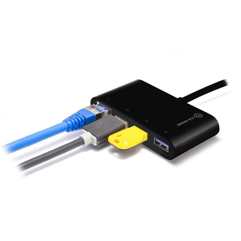 Alogic USB-C hub with Gigabit Ethernet and 3 USB 3.0 ports for fast data transfer and reliable internet connectivity.