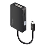 Alogic 3-in-1 USB-C adapter for HDMI, DVI, and VGA connections, offering up to 4K resolution with a sleek, lightweight design.