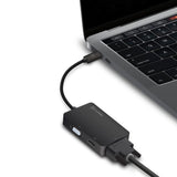 Alogic 3-in-1 USB-C adapter connecting to HDMI, DVI, VGA displays; sleek design, supports up to 3840 x 2160 resolution.