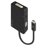 Alogic 3-in-1 USB-C adapter connecting to HDMI, DVI, VGA displays; sleek, versatile, and lightweight design.