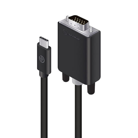 Alogic USB-C to VGA cable in black, 2m long, connects USB-C devices to VGA displays with up to 1080p resolution.