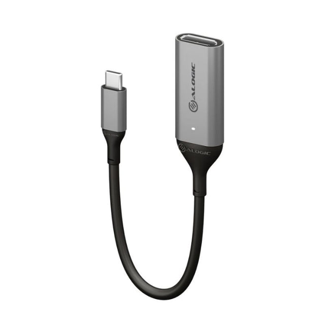 Alogic Ultra 15cm USB-C to DisplayPort adapter, supports 4K 60Hz, compact design, premium materials, LED power indicator.