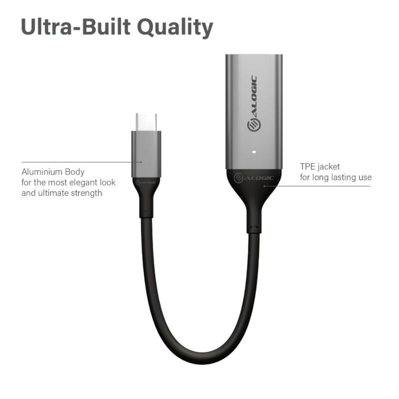 Alogic Ultra 15cm USB-C to DisplayPort adapter supporting 4K at 60Hz, compact design, LED indicator, and durable build.