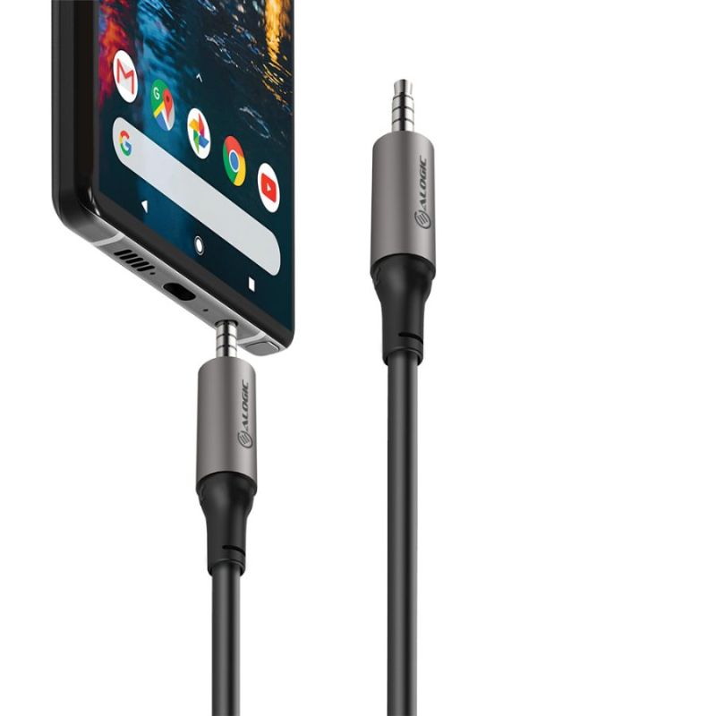 Premium Alogic Ultra 3.5mm male audio cable, 1.5m long, durable aluminum and TPE, ensures high-fidelity sound for various devices.