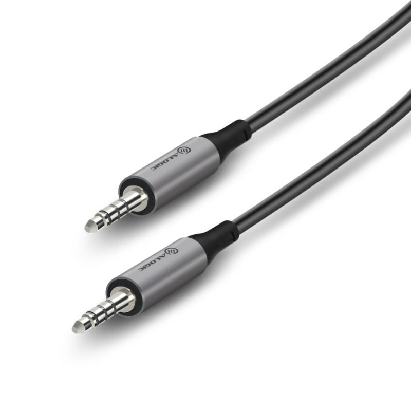 Alogic Ultra 3.5mm audio cable connecting devices, made of durable aluminum and TPE for high-fidelity sound.