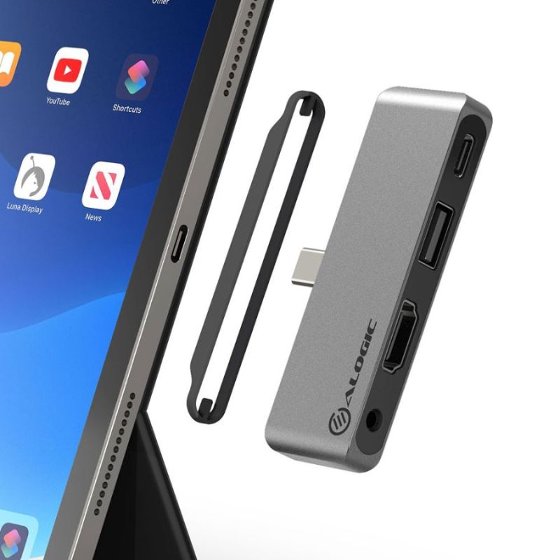 Alogic 4-in-1 USB-C HDMI Hub with 4K output, USB-A, audio jack, and 60W Power Delivery for versatile connectivity.