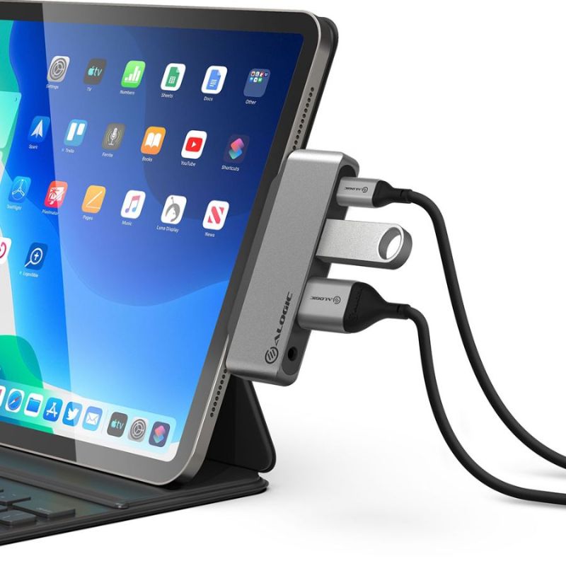 Alogic 4-in-1 USB-C Hub with HDMI, USB-A, audio jack, and 60W PD charging for enhanced device connectivity.