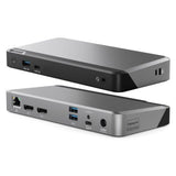 Alogic DX2 Dual 4K Docking Station in space grey and black, featuring 65W Power Delivery and extensive connectivity for devices.