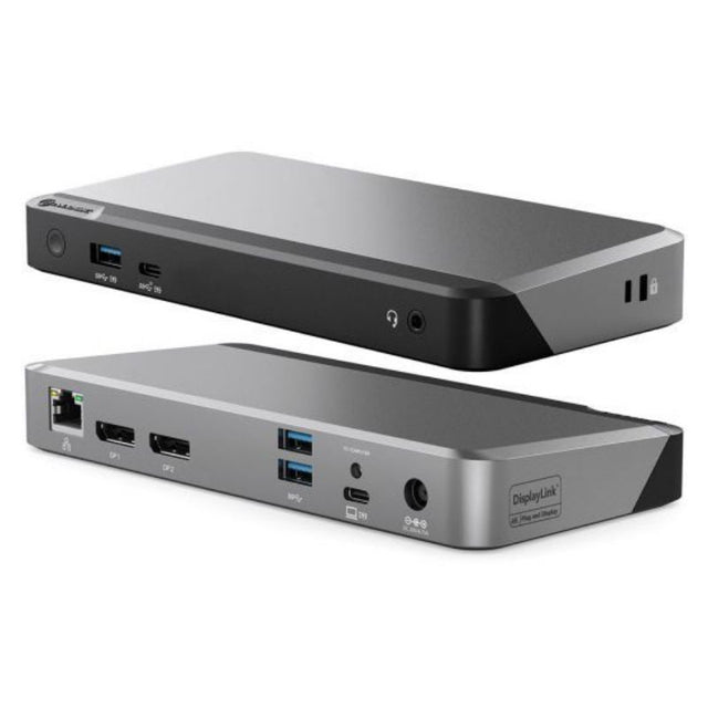 Alogic DX2 Dual 4K Docking Station in space grey and black, featuring 65W Power Delivery and extensive connectivity for devices.