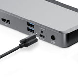 Alogic DX2 dual 4K docking station in space grey, supporting 2 x 4K displays, 65W Power Delivery, and multiple connectivity options.