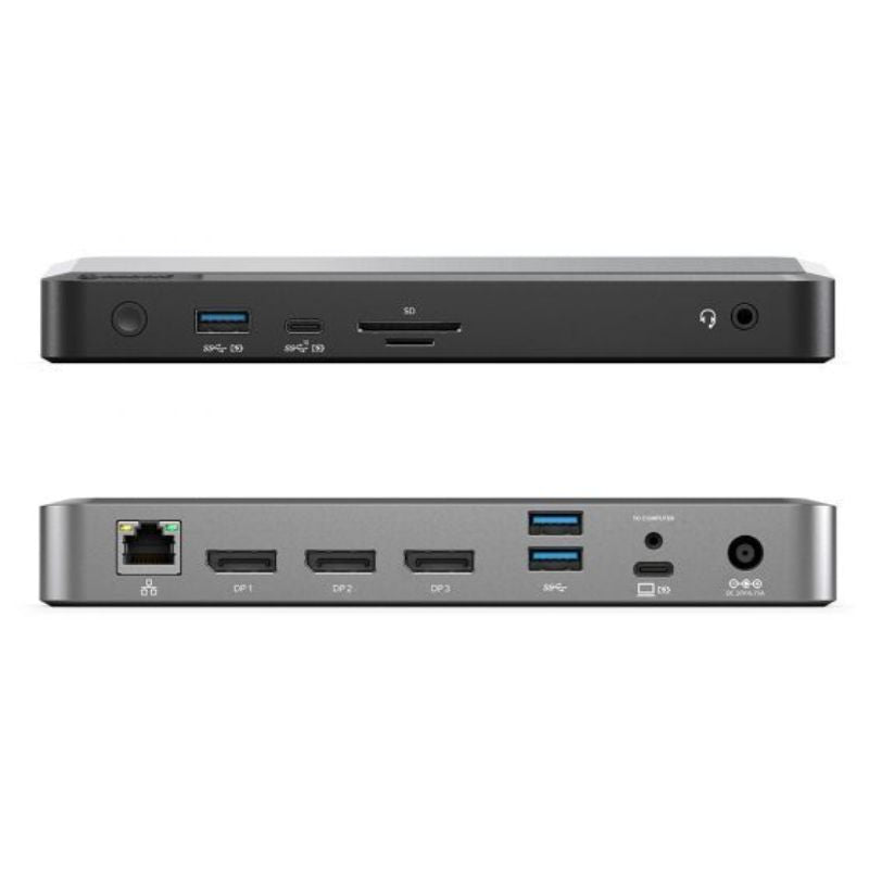 Alogic DX3 Triple 4K Universal Docking Station with USB-C, supports three 4K displays, 100W Power Delivery, and multiple ports.