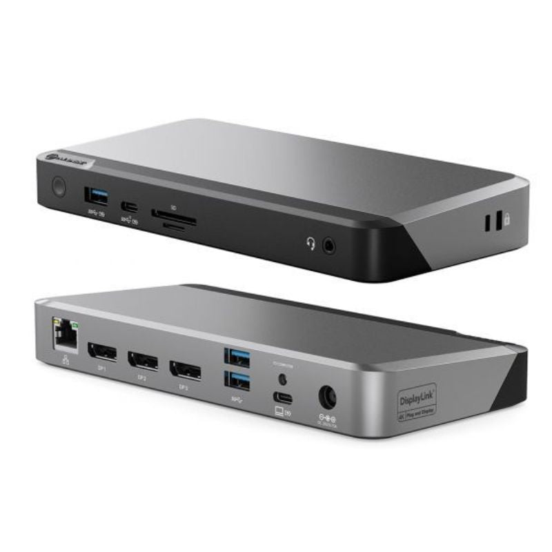 Alogic DX3 docking station in sleek black and grey, supporting triple 4K displays with 100W power delivery and versatile connectivity.