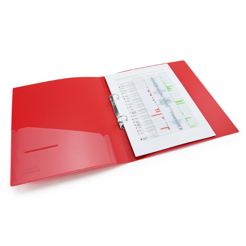 Rapesco antibacterial A4 ring binder in red, 2-ring design, 25mm capacity, durable PP, equipped with germ-eliminating features.